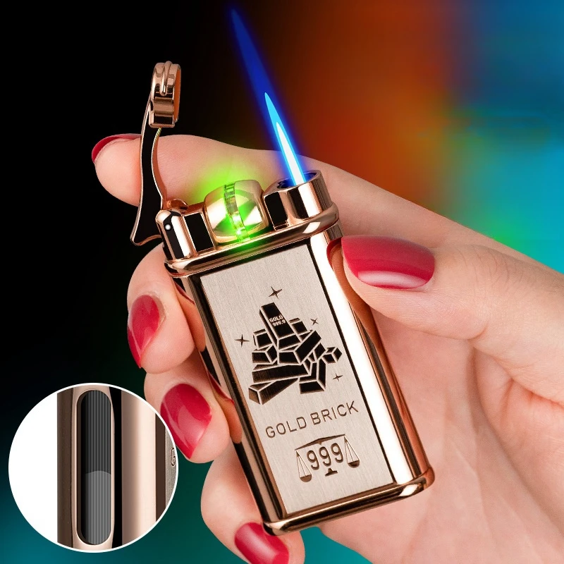 Outdoor Windproof Direct-flame Butane Gas Metal LighterLED Illuminated Roller SwitchElectronic IgnitionVisual Gas Window Lighter