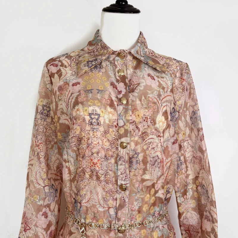 Ele Lange bedrukte Dr-staande kraag enkele knop Retro bloemen Street Sle midden taille fluwelen stof Thiened Long Sve