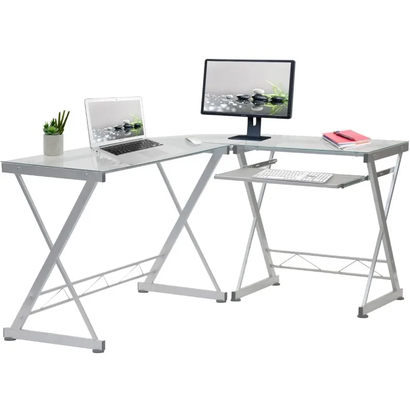 

L Shaped Desk with Keyboard Tray - Efficient Work from Home Desk - Glass L Shaped Desk - Professional Work For Home Office