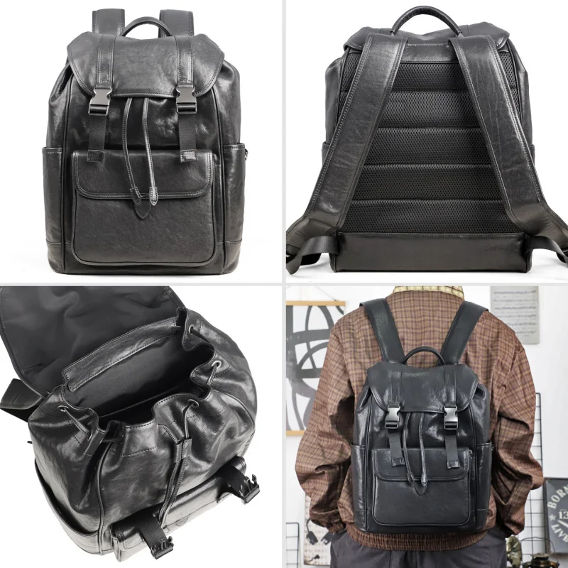 Mens Cowhide Genuine Leather Backpack Handmade High Quality Large Capacity Daily Travel Bag Punk Casual Black Backpacks Male