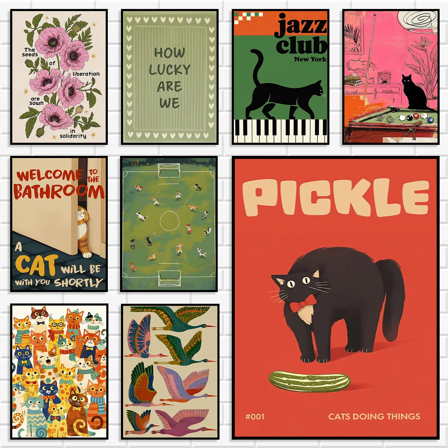 Vintage Retro Canvas Wall Art Funny Cat Floral Flower Jazz Club Soccer Sport Bird Illustration Quote Posters Prints Home Decor