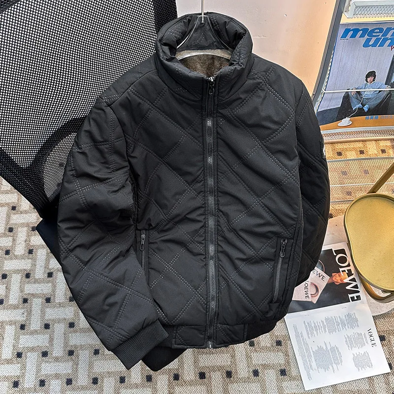 Winter Quilted Cotton Jacket For Men Simple Solid Color Zipper Stand Collar Thicken Coat American Casual Fashion Plush Overcoat