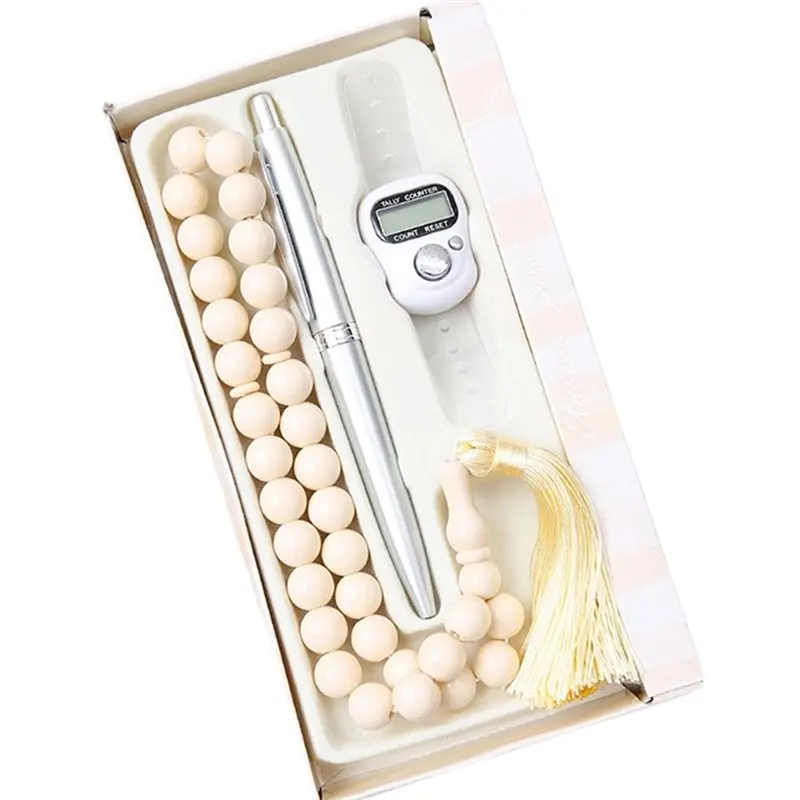 AT21-Crystal 3Pcs Tasbih Prayer Beads Set Islamic Gift 33 Beads Muslim Rosary For Meditation& Compliance Compliant White