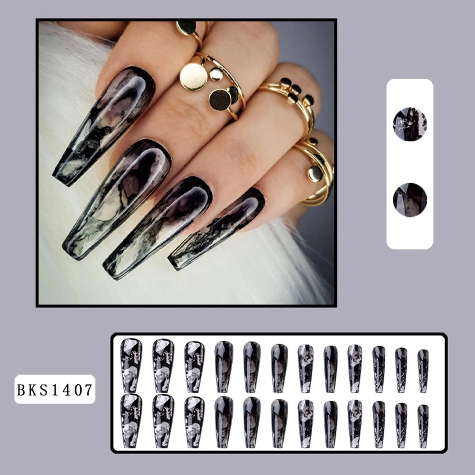 24pcs Black Color Sweet Cool Press on Nails Elegant Glitter Fake Gemstone False Nails Short Round Head Detachable False Nail