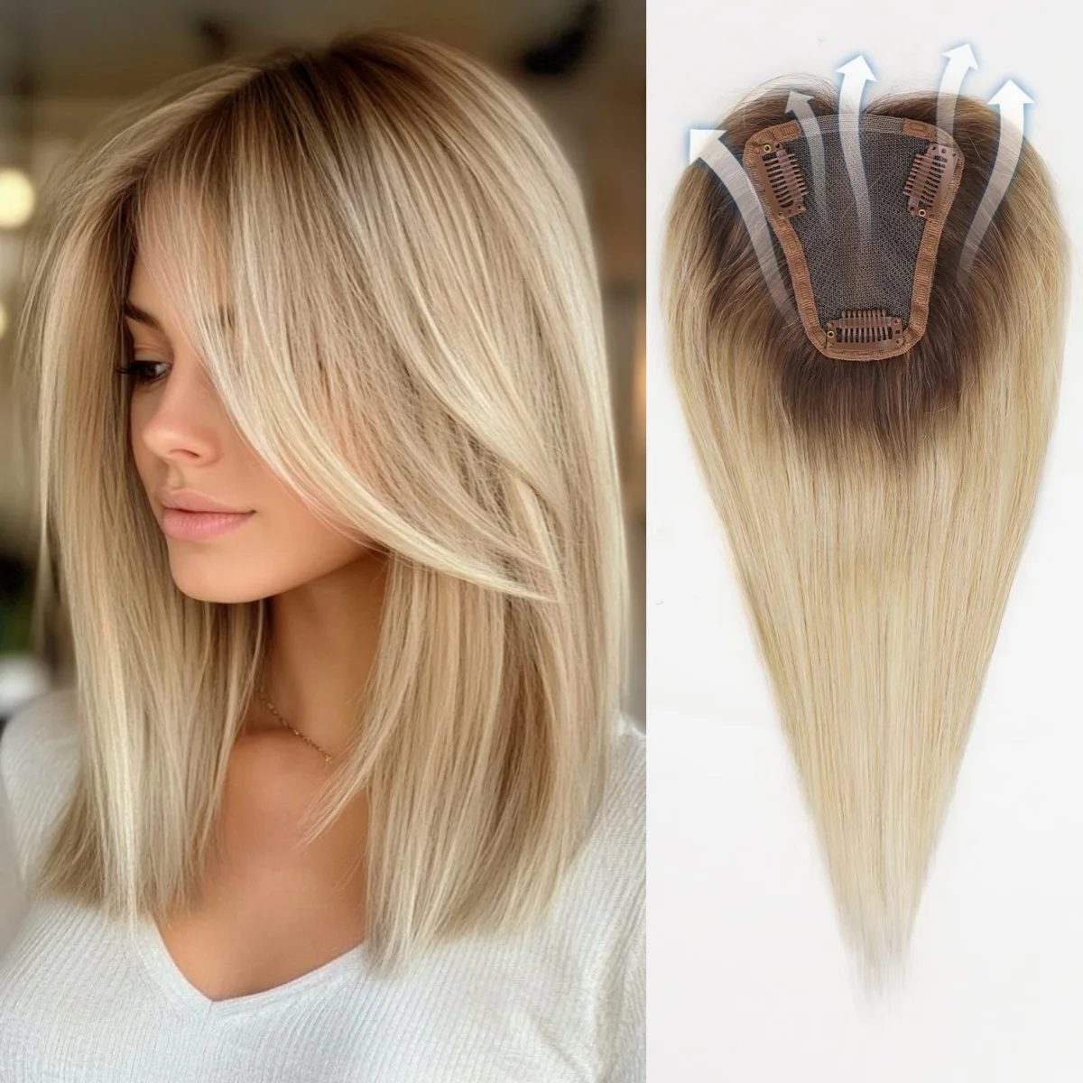 

Lace Base Human Hair Topper for Women 100% Remy Natural Hair Blonde Ombre with Dark Roots 3-Clip In Hairpiece for Thinning Hair