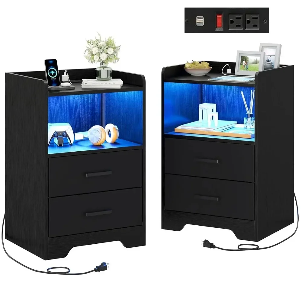 

Black Nightstand Set of 2 with Outlets&USB Ports&LED Lights Modern Bedside Table Storage Cabinet with 2 Fabric Drawers