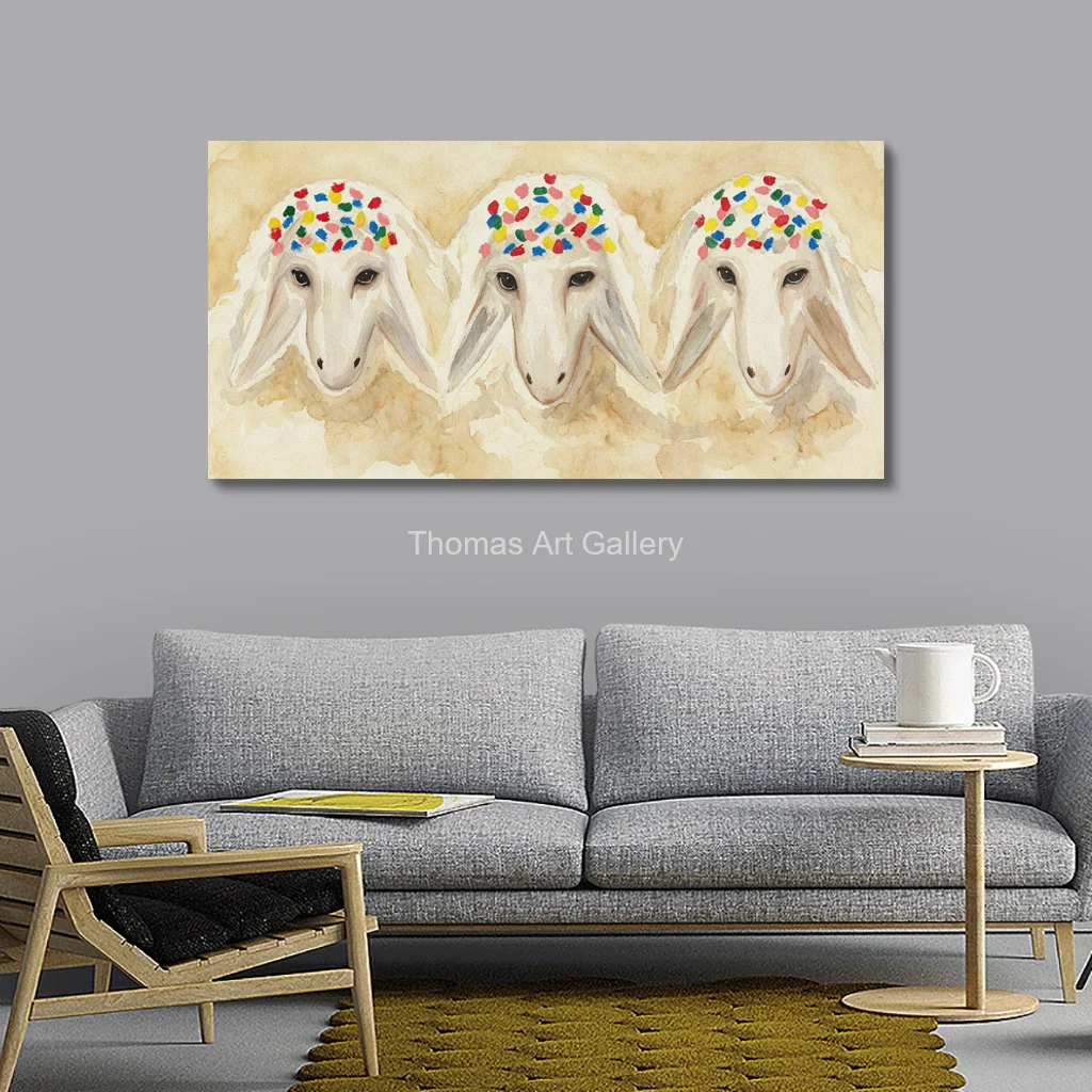 Large Judaica Canvas Print HD Watercolor Sheep Painting Home Blessing Jewish Wall Decor for Living Room Nursery Passover Gift