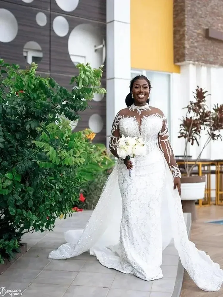 

Customized High Neck Beads Applique Mermaid Wedding Dress With Detachable Train Long Sleeves Illusion Back Garden Bridal Gown