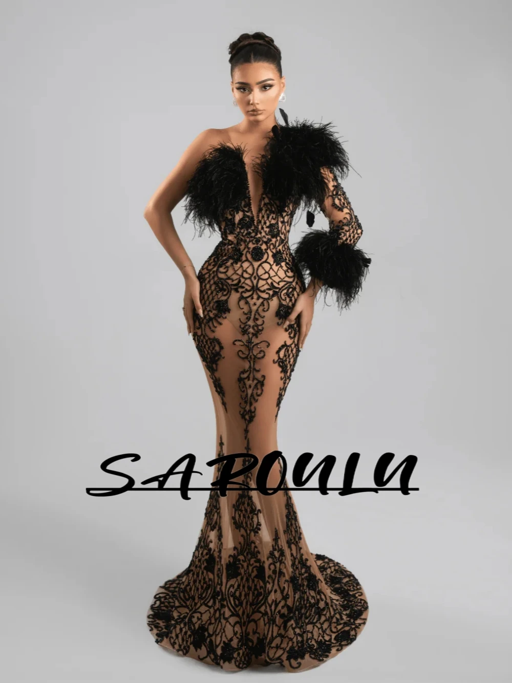 

Black Beads Feathers Exquisite Evening Dress Hand Sewn Modern One Sleeve Sexy Formal Mermaid Fitted Customized Cocktail Gown