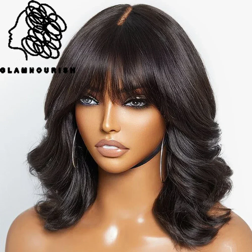 Rambut manusia gelombang tubuh dengan poni 3x1.5 wig pinggiran Bob pendek kulit kepala renda atas wig untuk wanita rambut manusia Brasil wig tanpa lem Bang