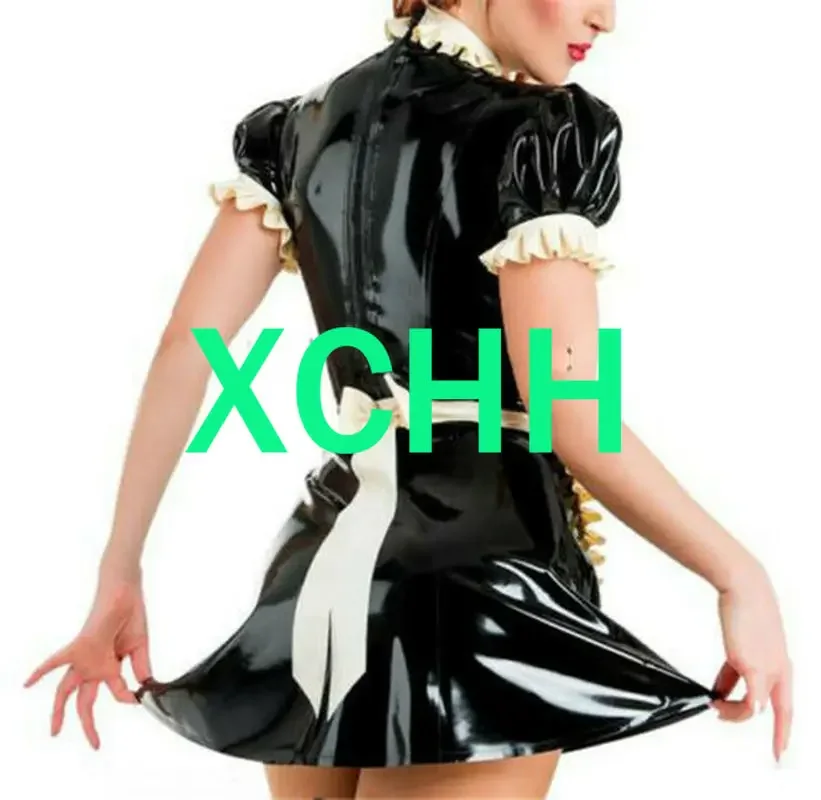 Sexy Latex Rubber Women Cosplay Maid Dress with Apron Back Zippers Cosplay Costume