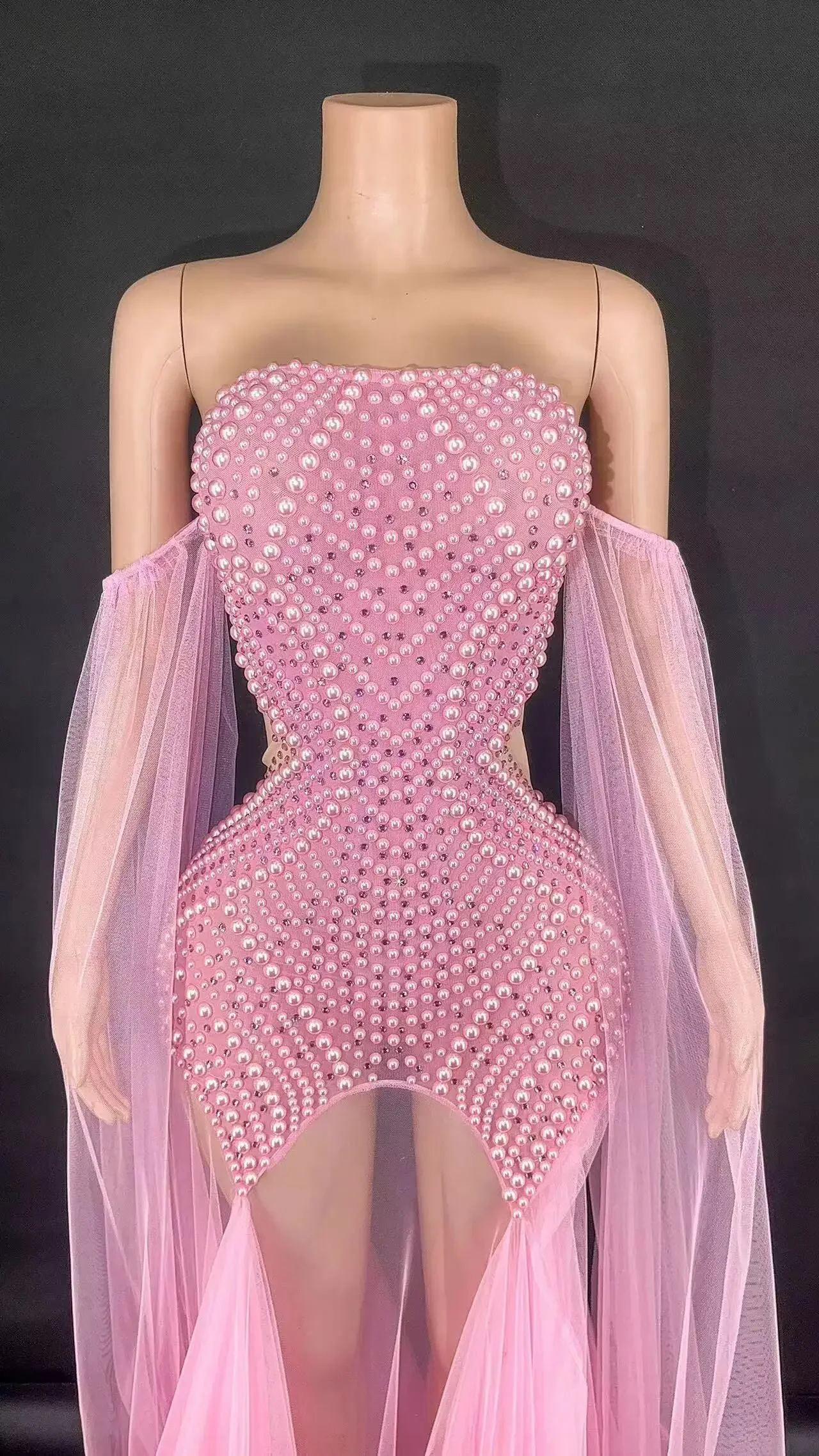 Robe de Soirée Transparente Sexy Sans Bretelles avec Perles, Tenue de Scène, Costume de Spectacle, de Bal, de Discothèque, de Bar, d'Anniversaire, de Chanteur