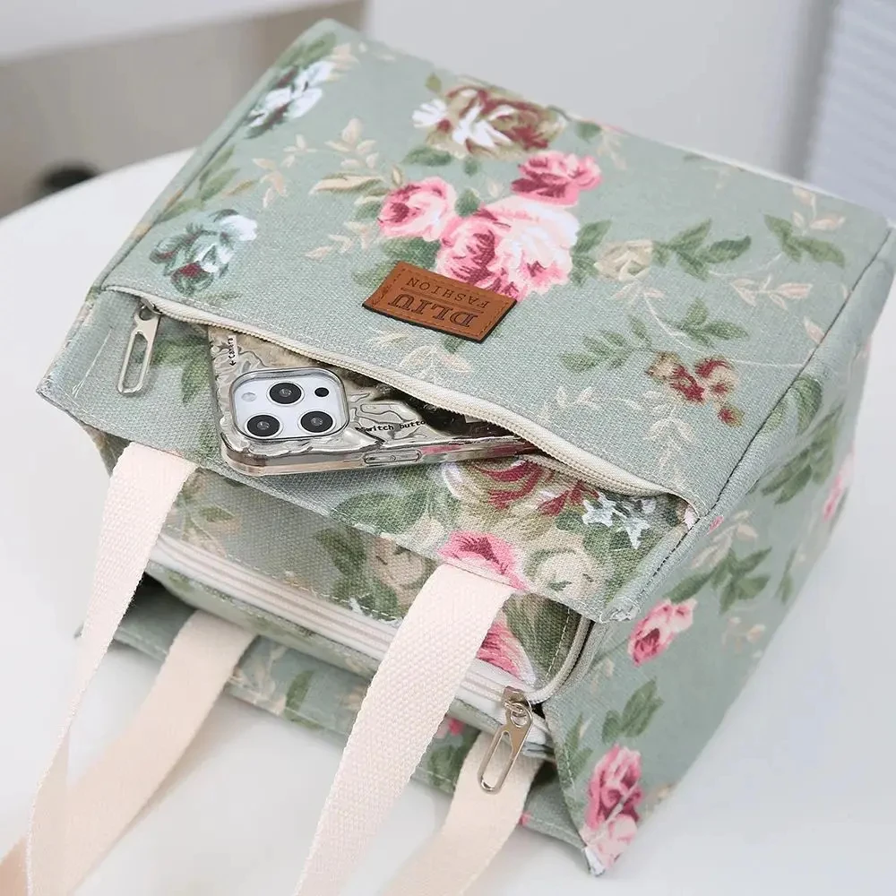 Aesthetic Floral Print Lunch Bag Insulated Large Capacity Bento Bag Thermal Cooler Handbag For School, Work, Travel & Picnic