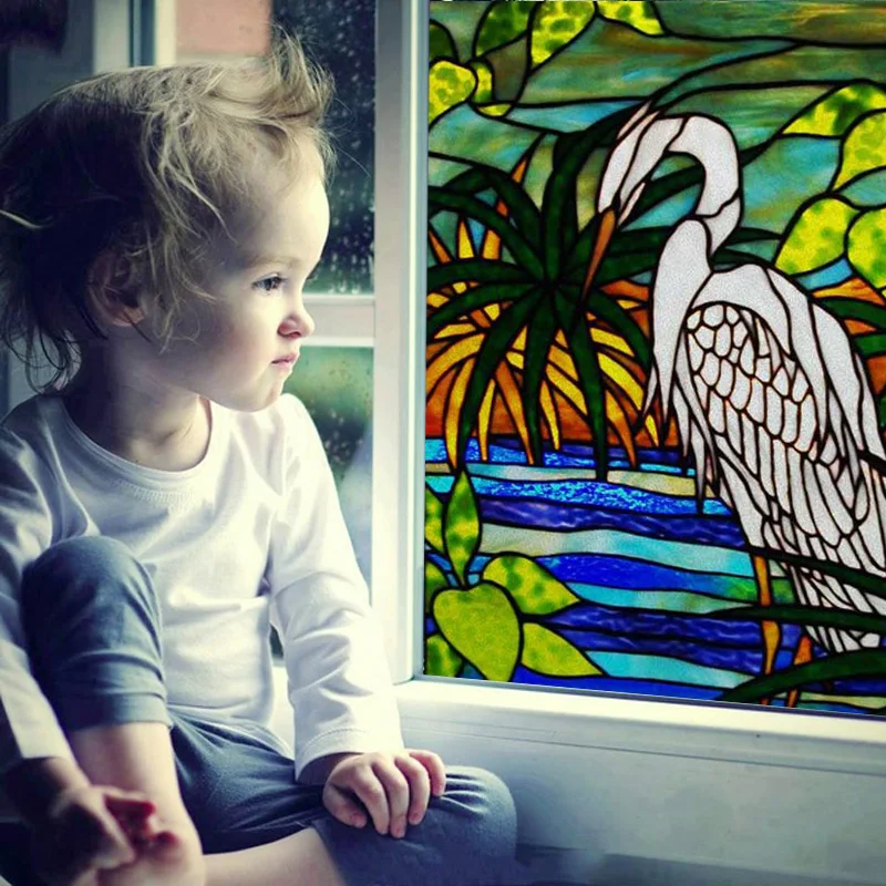 Stained Glass Window Film Static Cling Stickers for Bathroom Kitchen Office Decor, Custom Size with Birds Peacock Heron Owl Art