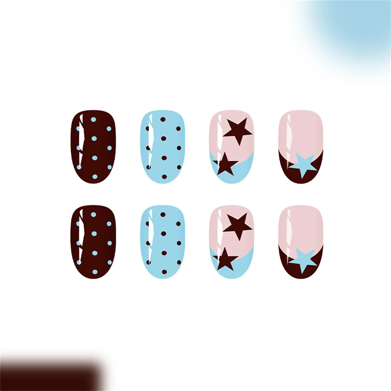 24 Stück blau-braune künstliche Nägel mit Sternen und Punkten zum Aufdrücken, künstliche Nägel zum Aufdrücken für Frauen, für den täglichen Gebrauch, tragbare künstliche Nägel – Detail 1