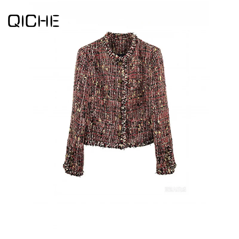 QICHE Women's Jacket Women's Outerwear Vintage Mixed Color Woven Tweed Cropped Women Jacket