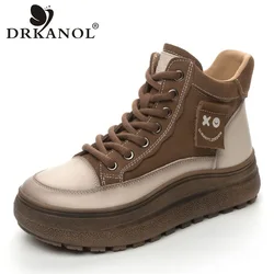 DRKANOL Handmade Retro Short Boots For Women Winter Warm Shoes Mixed Colors Genuine Leather Platform Wedges Casual Ankle Boots