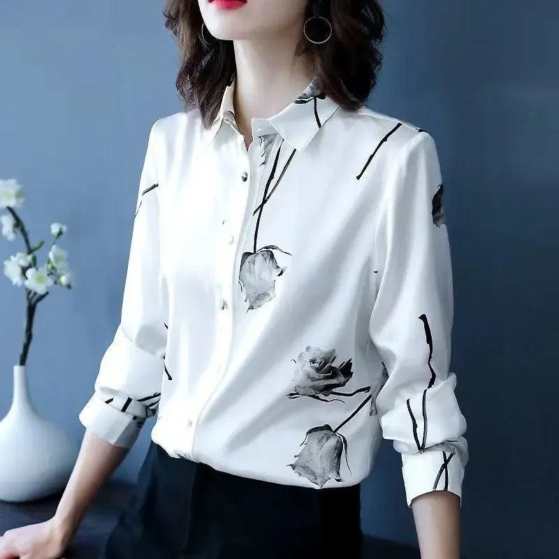 Elegant Fashion Printing Rose High-end Blouse Women New Long Sleeve White Single-breasted Office All-match Lady Shirt 2024 a266