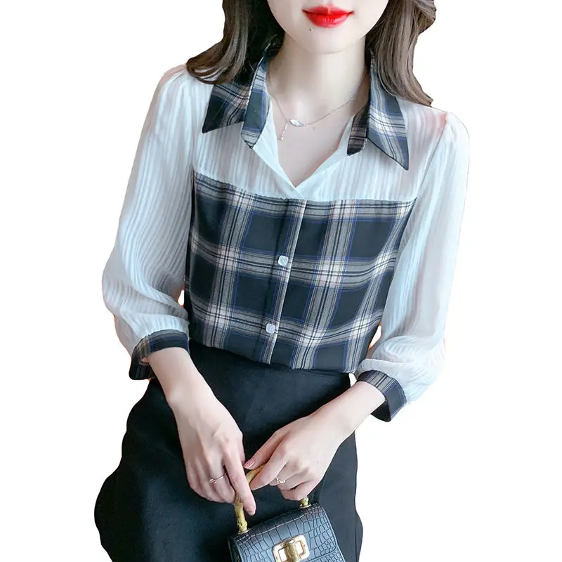 Chiffon Patchwork Plaid Loose Elegant Shirt Tops Spring New 3/4 Sleeve Thin Fashion Blouse Office High Street Women Clothing