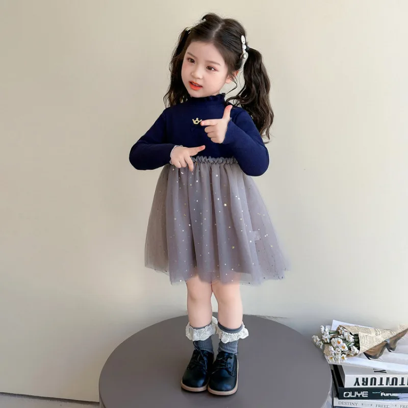 

Girls Winter Season Princess Dress Winter Clothes2025New Children's Mesh Skirt Girls Long Sleeve Bow Skirt