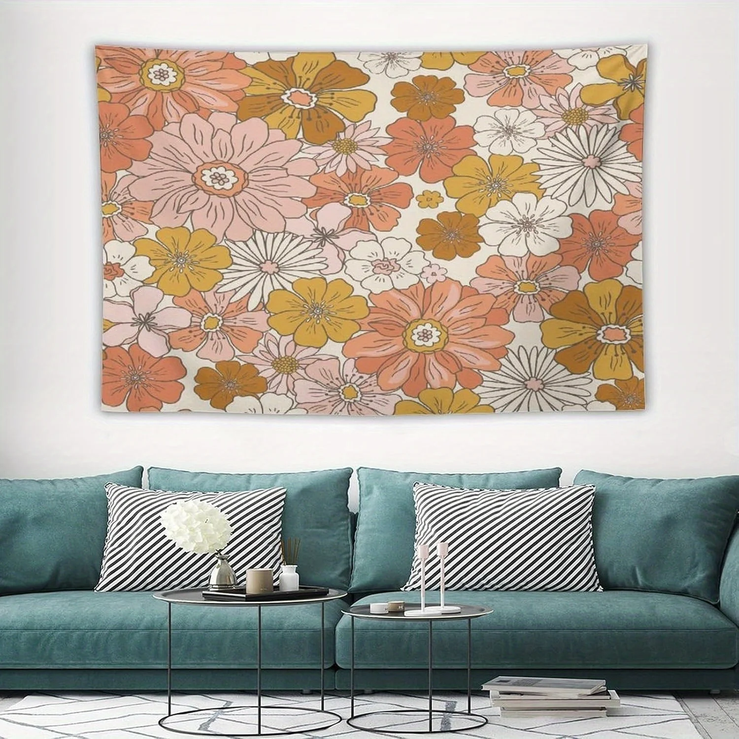 1pc Vintage orange-pink floral tapestry, made of polyester, machine washable, suitable for bedroom and living room décor.