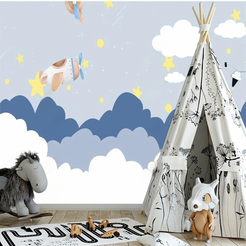 Custom Cartoon Sky Wolken Vliegtuig Muurschildering Behang voor Kinderkamer Achtergrond Muur Decor Jongens Meisjes Slaapkamer Wandbekleding