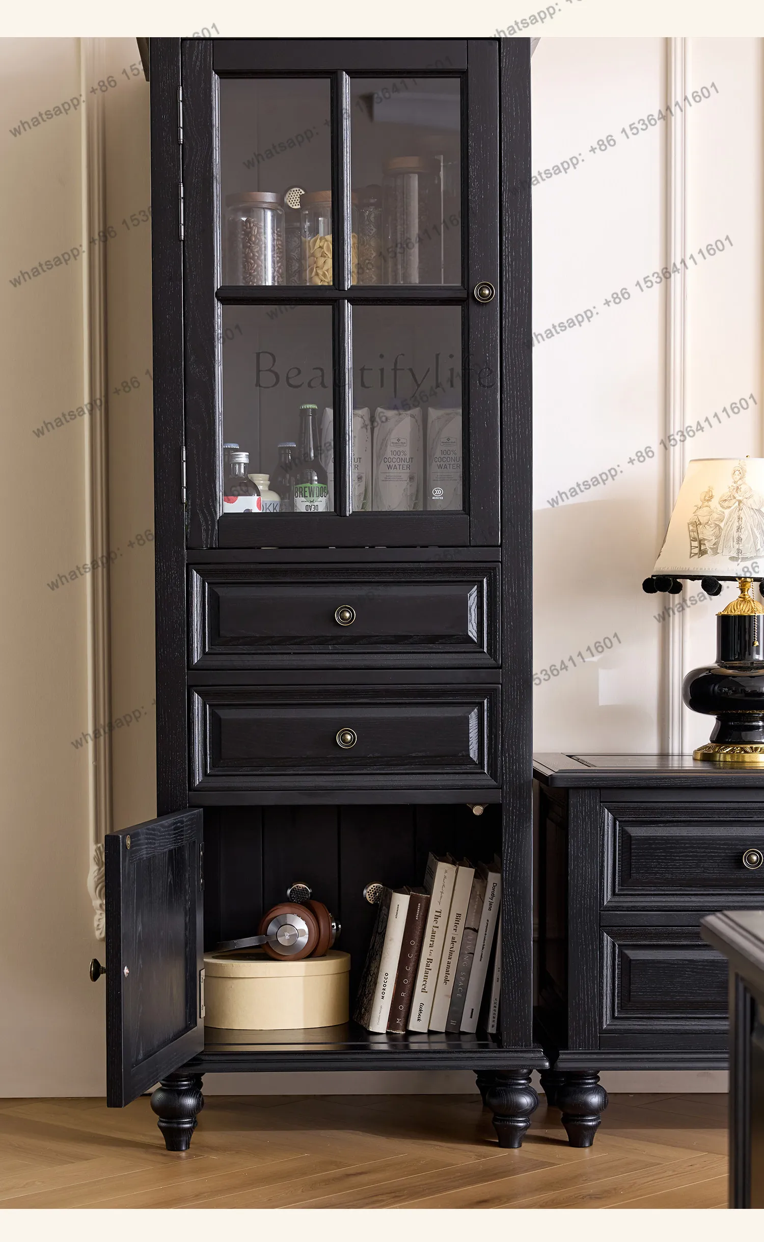 

All solid wood French antique black wine cabinet living room wall glass display cabinet