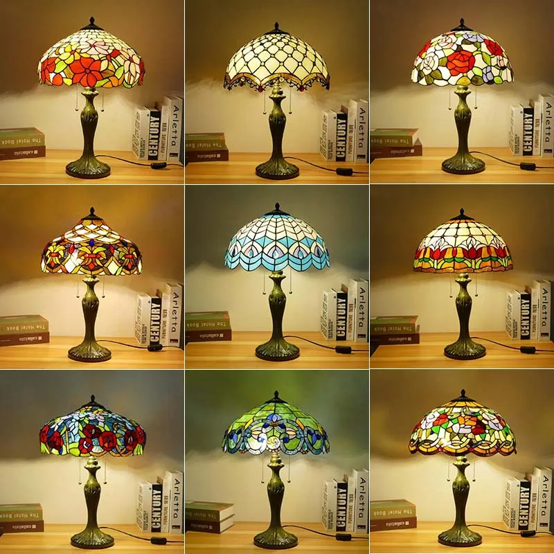 

16inch 40cm American Style Various Living Room Bedroom Table Lamp Retro Bar Cafe Tiffany Stained Glass Alloy Base Desk Light