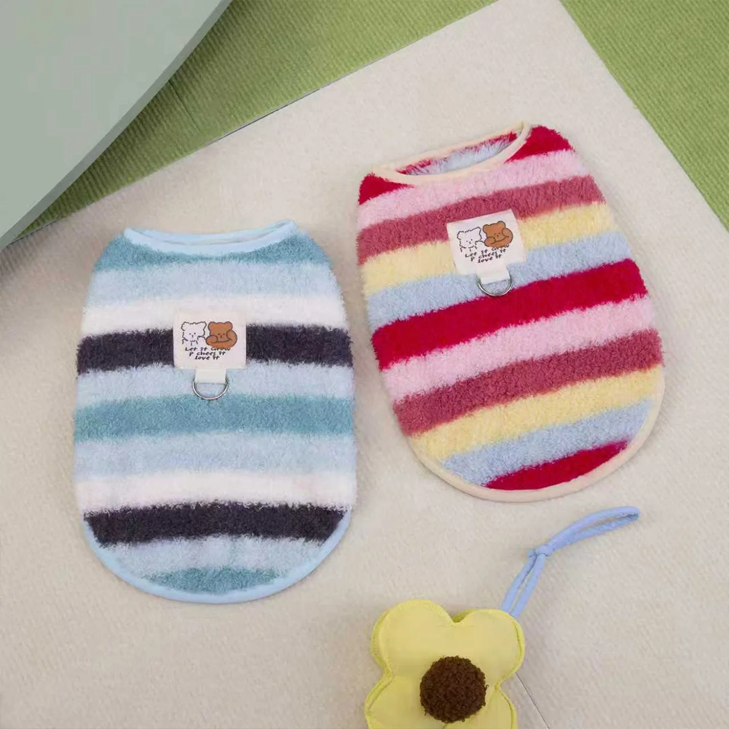 Striped Teddy Sweatshirt Pet Sleeveless Top Small to Medium Dog Winter Warm Pullover Bear Patchwork Embroidery Maltese Clothing