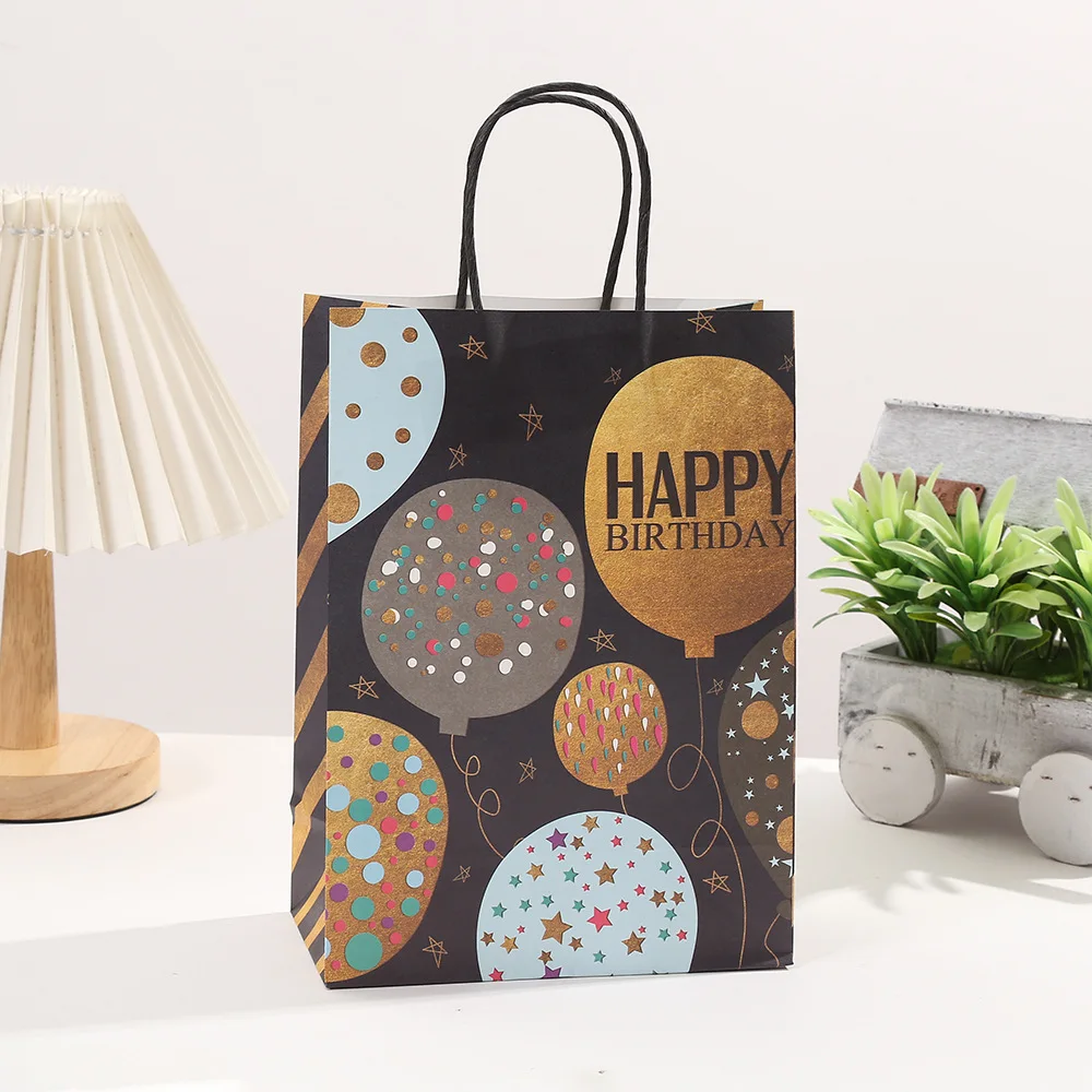 4Pcs Happy Birthday Paper Gift Packaging Bags with Handle Black Baking Candy Cookie Shopping Bag for Birthday Party Decorations