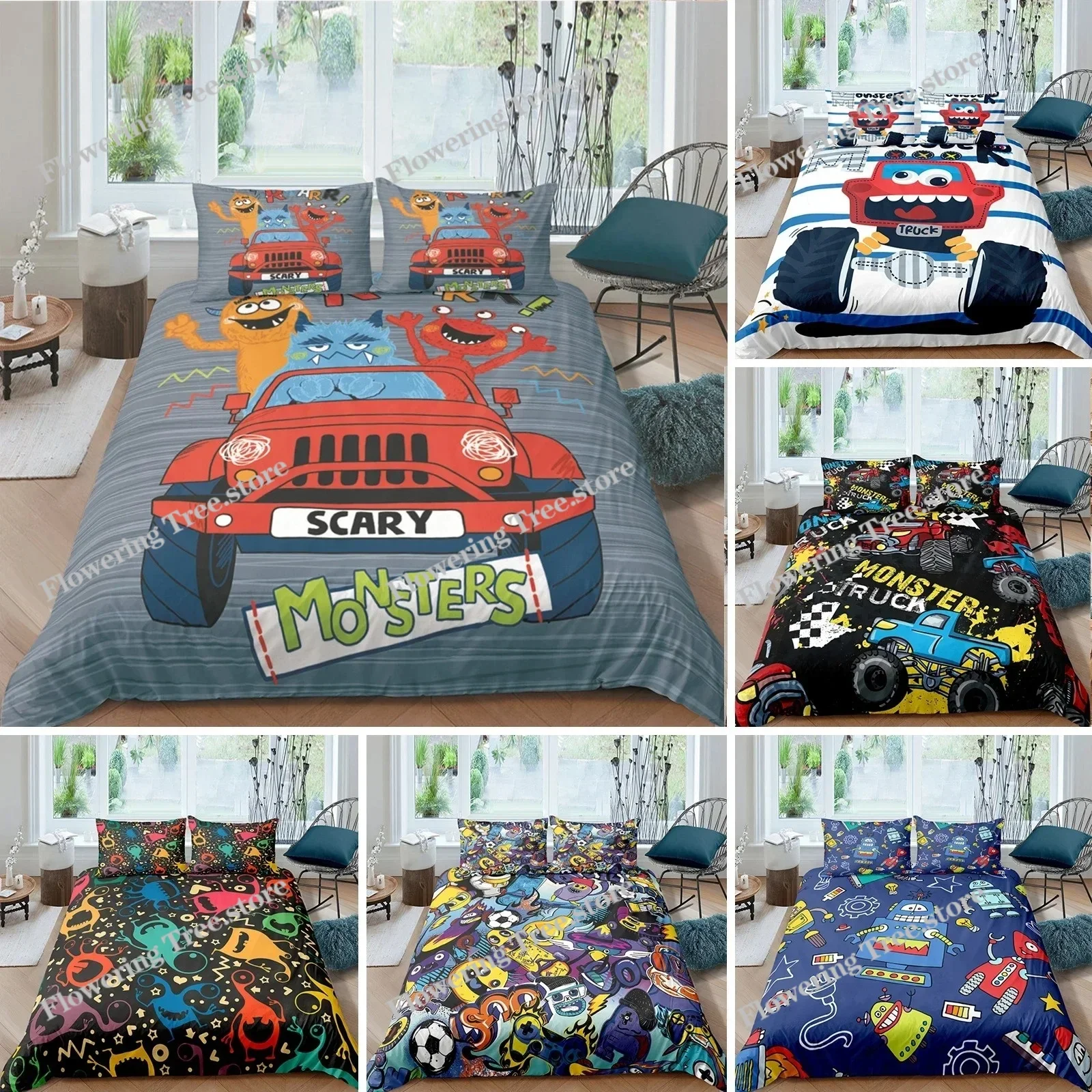 Monster Car King Queen Duvet Cover Cartoon Bedding Set for Kids Lovely Toy Truck Comforter Cover Polyester Quilt Cover
