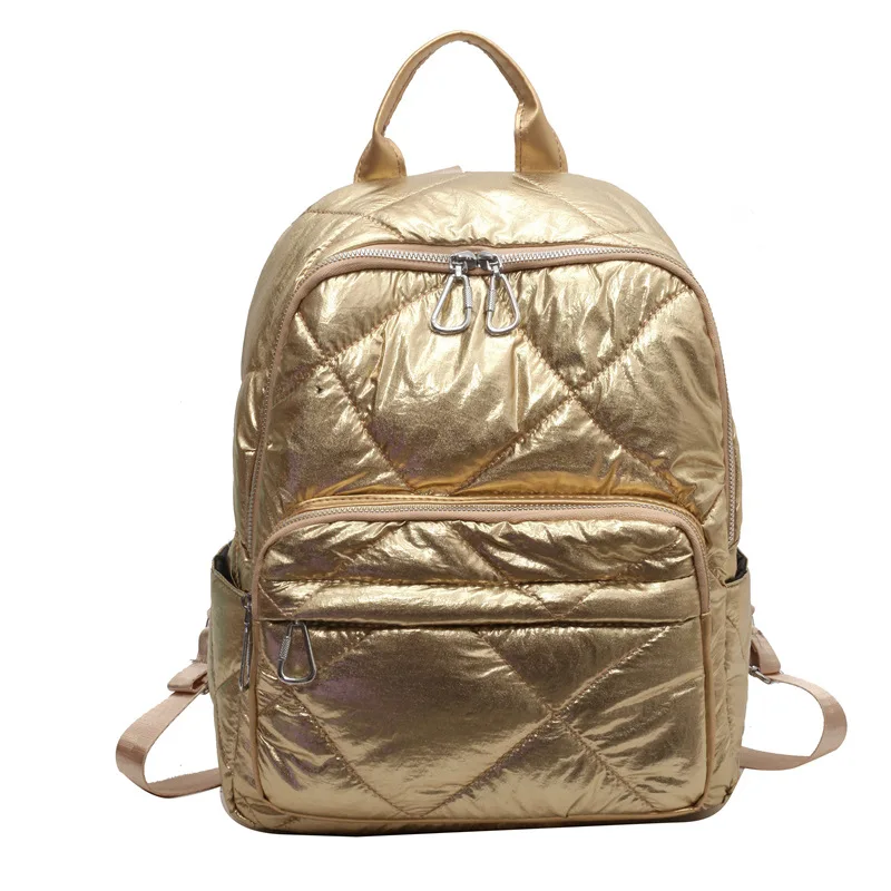 Fashion Space Pad Cotton Women Backpack Gold Solid School Bag Quilted Design Female Sports Backpacks Lady Nylon Padded Bag 2023