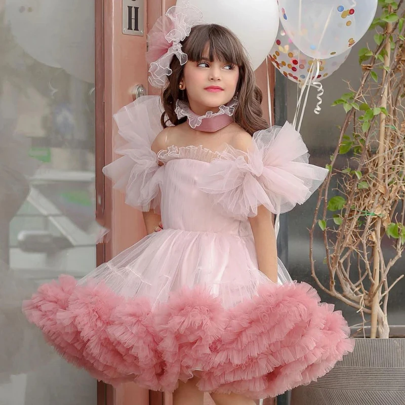 Customized Flower Girl Dresses Pink Tulle Puffy Short Sleeve For Wedding Birthday Banquet Prom Christmas Princess Gowns