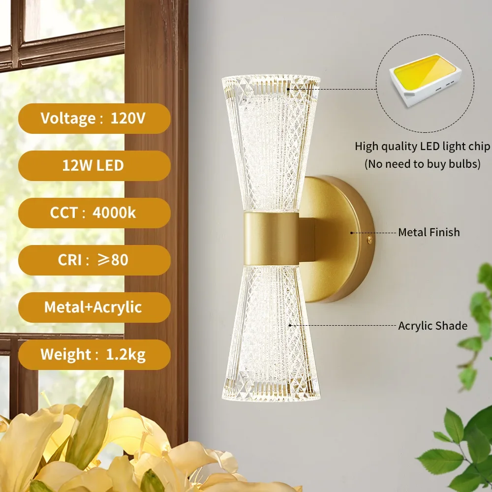 

FSS Indoor 12W 4000K LED Wall Lamp Modern Up Down Crystal Wall Light Bedroom Living room Corridor Background Lights