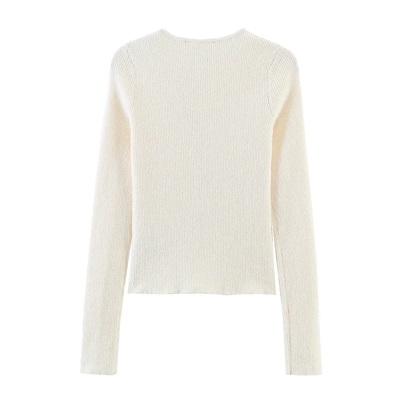 Women Ribbed Short Cardigan Diagonal Silver Shell Button Long Sleeve Irregular Neck Slim Knit Coat Daily Casual Sweater
