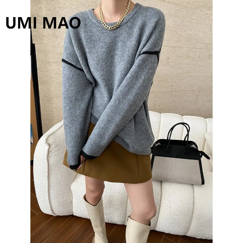 

UMI MAO французский ленивый стиль топ Femme дизайн контрастного цвета мягкий свободный пуловер вязаный свитер топы для женщин