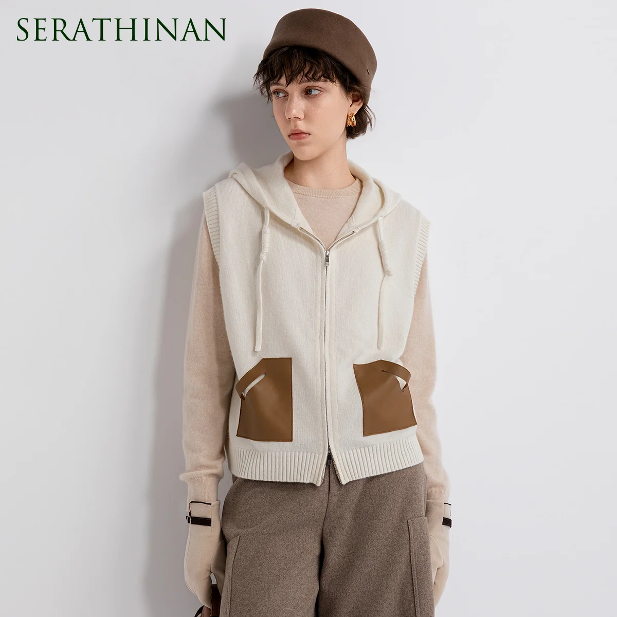 TY852174 Women's Hooded Zip Up Knit Vest Wool Cashmere Blend Faux Leather Pocket Drawstring Ribbed Hem LP Old Money Early Autumn
