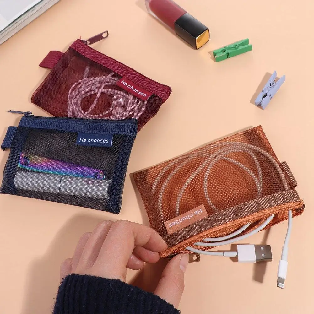 Change Storage Bag Mesh Coin Bags Coin Money Bags Lipstick Cosmetic Bag Mini Coin Purse Data Cable Storage Bag Solid Color