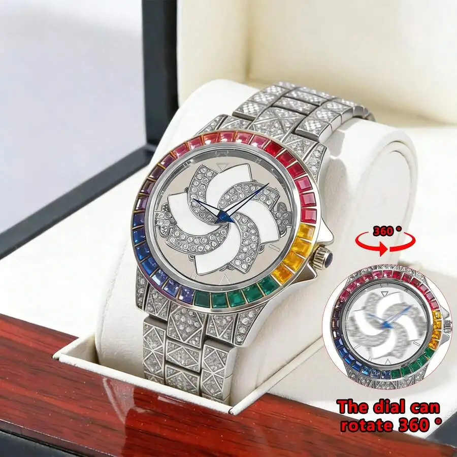 1PC Luxury Men's Silver Ice Watch, Paired With A Hip-Hop Spiral 360 ° Dial And Rainbow Square Diamond Border Embellishment, An