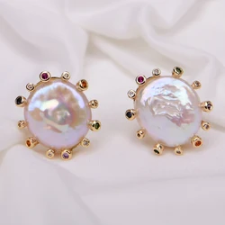 GG Cultured White Coin Keshi Pearl Stud Earrings CZ Pave Gold Plated Earring For Women Valentines Day Jewelry