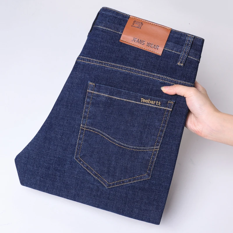 Picture 7: Ice Silk Thin Denim Jeans for Men Blue Straight Stretch Cotton Pants Business Casual Lightweight Trousers Spring Summer Workwear