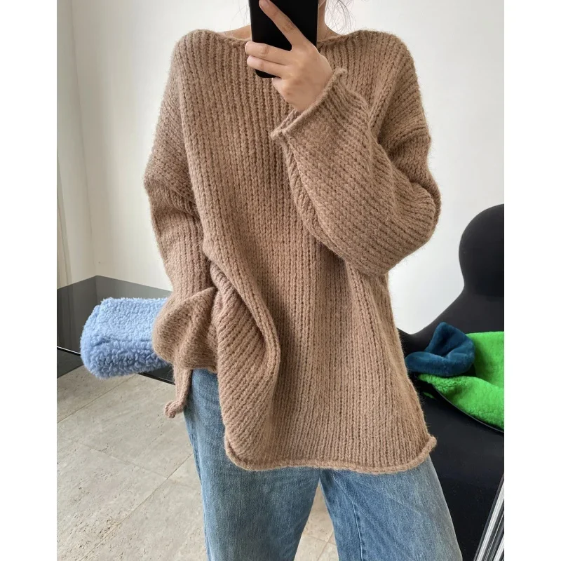 

Women Cream Yarn Sweaters Thick Needle Pullover Winter Basic Pullovrers Casual Loose Knitting Lazy Loose Fashion Tops Slash Neck