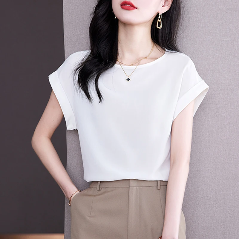 2024 Sommer Frauen Mode einfache elegante Bluse Büro Dame lässig Kurzarmhemd solide o Hals lose Tops Blusas Para Mujer