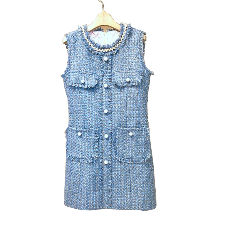 

Sky blue Tweed Dress 2023 spring / autumn women's dress tassel ladies slim bottoming dress one-piece