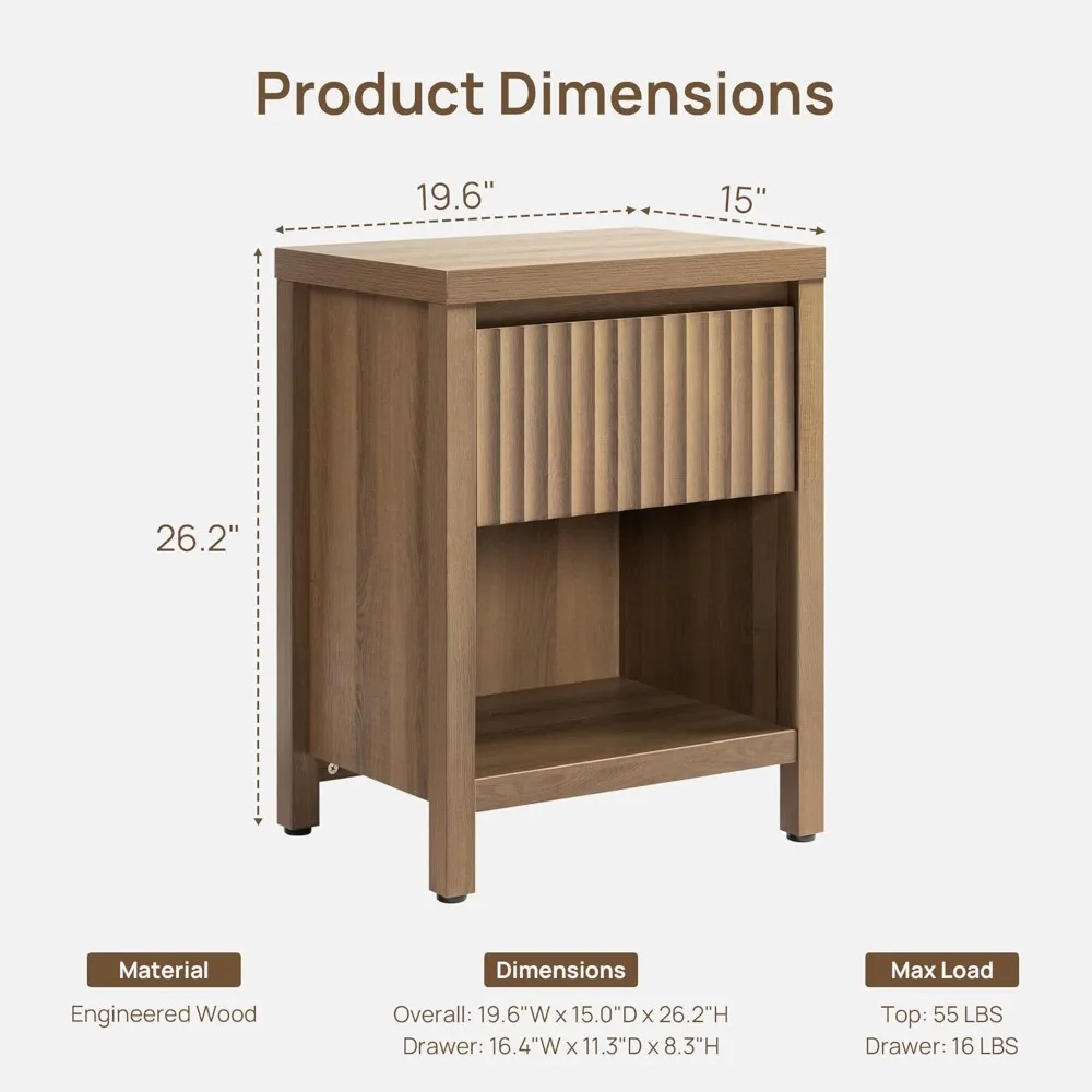 Pair of Fluted Nightstands in Farmhouse Style with Drawers and Storage Shelves, Bohemian Bedside Tables, Large End Tables