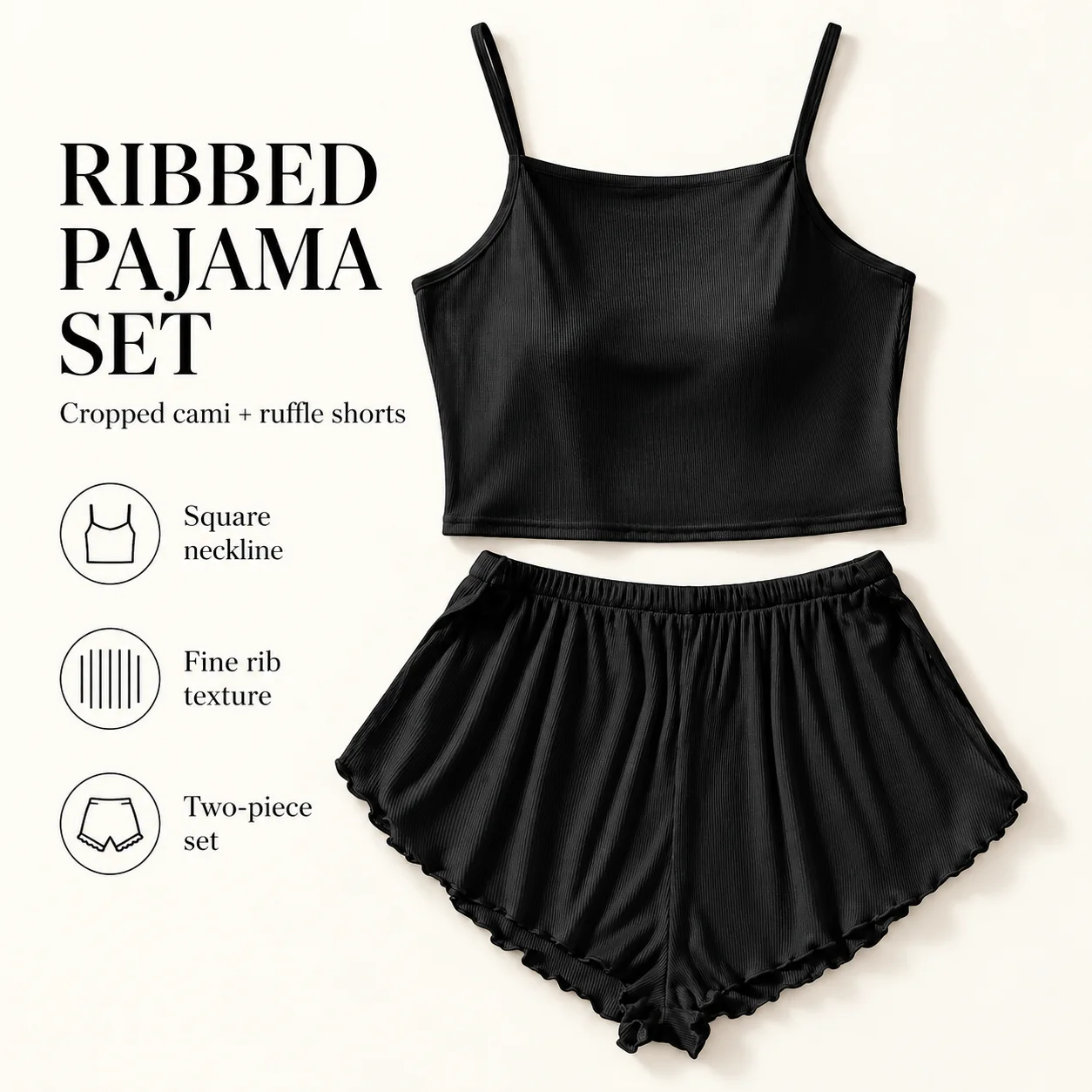 Women's Ribbed Pajama Set Square Neck Crop Cami Top and Ruffle Shorts Two Piece Summer Sleepwear Black Pink White S-1XL