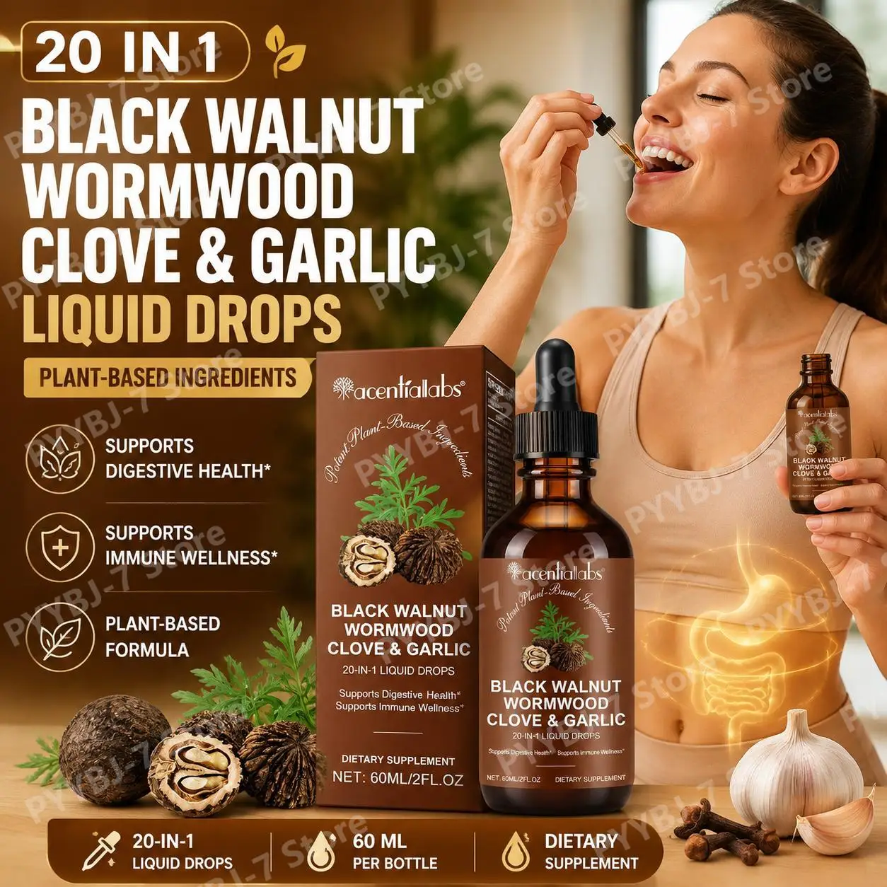 Black Walnut Wormwood Clove Garlic Drops for Digestive Health Natural Cleansing Gut Balance & Immune Support Raspberry 60 ML