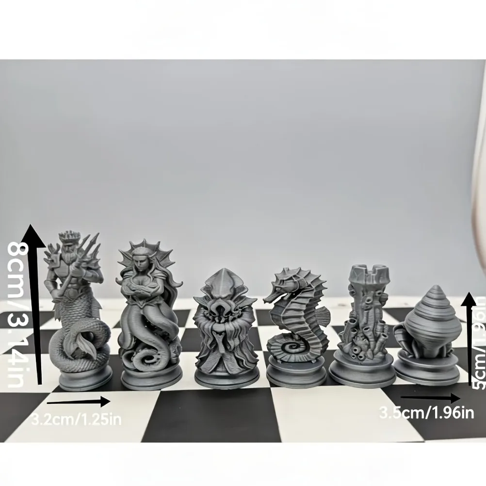 16PCS Ocean Myth Chess Figurines 3D Printed Deep Sea Theme Chess Set Coral Sculpture Tabletop Game Decor Desk Art Ornament view 5