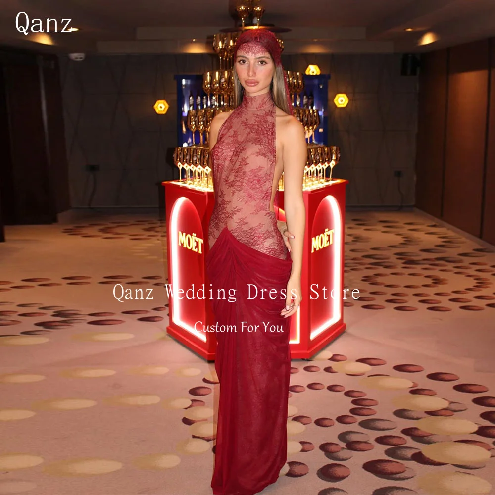 Qanz sexy rendas vestidos de noite halter pescoço sem mangas sereia vestidos de convidados do casamento luxo 2026 sem costas vestido de festa personalizado