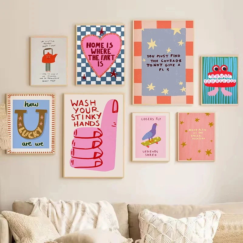 Slogan de casa humorística colorida, citações mentais, ilustração, pôster nórdico, pintura em tela, arte de parede, imagens, decoração de casa, banheiro
